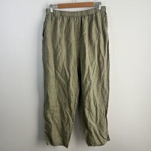 Flax Linen Pants Large Wide Leg Green Elastic Waist High Rise Pull On Pant 30x28